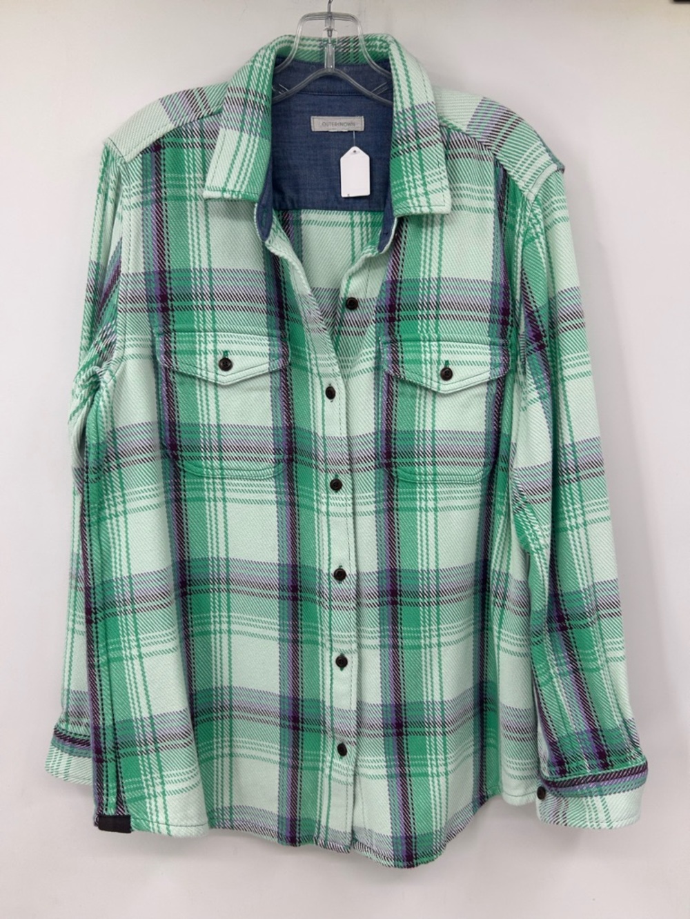 Outerknown Women’s Blanket Shirt Green Plaid Button Up Flannel Shirt Size M/L